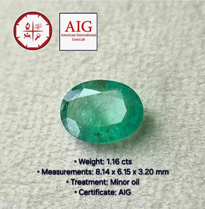 1.16 ct AIG Certified Oval Faceted Zambian Emerald.